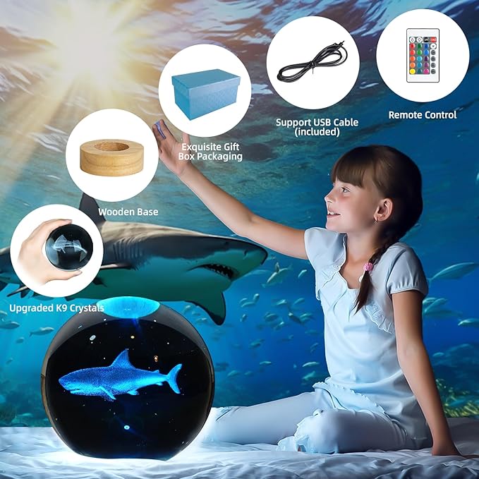 3D Crystal Ball Night Light, 3.15 Inch Glass Ball Lamp with 16 Color LED Wooden Base, Shark Night Light Decor for Birthday, Holiday, Christmas Gifts