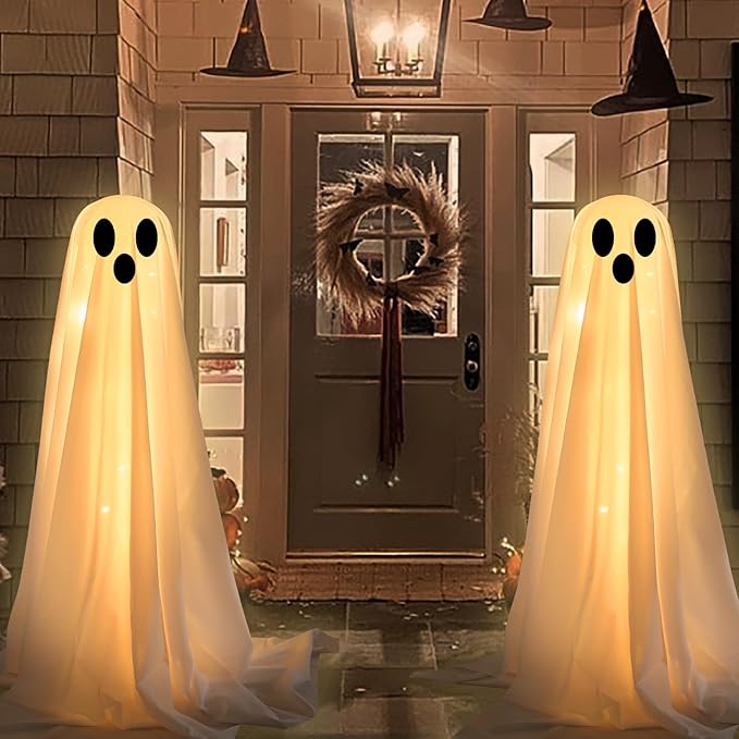 Halloween Decorations Outdoor -DIY 2PCS Large Lighted White Cloth Ghosts-Cute Ghosts with 30 LED String Lights-Light Up Holiday Party Home Porch Yard Decorations