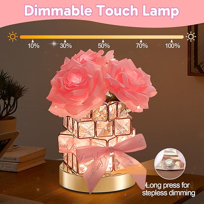 ONXE Valentines Day Birthday Gifts for GF Girlfriend Mom Wife, Flower Cordless Crystal Table Lamp,3-Colour Dimming Rechargeable Forever Rose Bedside Lamp Night Light Anniversary Decor for Women Men