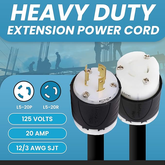 IronBox Electric NEMA L5-20P to L5-20R Power Cord - 20A, 125V, 12/3 AWG SJT - UL Listed Power Cable Adapter - Heavy Duty Extension Cord for Outdoor, Generator, Data Center & More (10 ft, Custom Built)