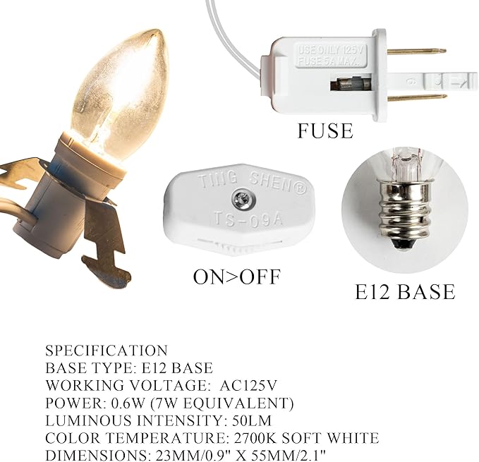Dazzle Bright 2 Pack 6 FT Accessory Cord with LED Light Bulb E12 Socket White Cord with On/Off Switch Plug, C7 Candelabra Light Bulbs for Holiday Decorations, Christmas Village House, Pumpkin Lights