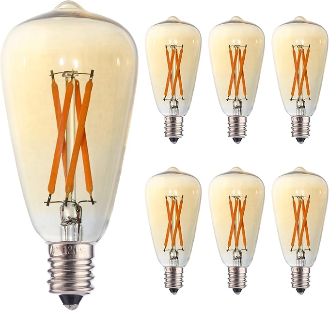 6pcs ST38 Edison Small Bulb 4W Equivalent to 25W-40W E12 Base Vintage Amber Glass LED Warm Yellow 2200K Bulb for Chandeliers Fans Candelabras Outdoor ST38 String Lights