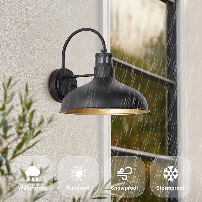12in Exterior Barn Light Motion Sensor Black Outdoor Gooseneck Lighting Wall Mount Dusk to Dawn Farmhouse Style Outside Porch Light Fixture Outdoor Garage Barn Door Light for House