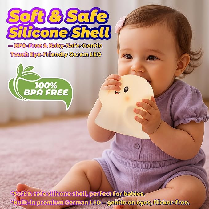 Ghost Night Light for Kids – Gift & Fun Toy for Kids, Touch Tap Lamp with Sounds, Squishy Silicone, Eye-Safe LED, 30-Min Timer, Dimmable Rechargeable Bedside Table Lamp – Gift for Boys & Girls