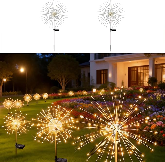 Solar Fireworks Lights for Outside, 150LED 8 Modes Fireworks Solar Lights Outdoor, Fairy Garden Flowers for Yard Pathway Wedding Party Christmas Diwali Garden Decor 2Pack (Warm White)