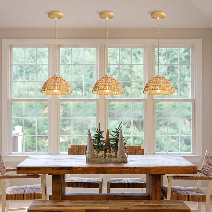 Farmhouse Wicker Pendant Light, 1-Light Boho Rattan Chandelier Light Fixture, Ceiling Hanging with Woven Lampshade, for Kitchen Bedroom Island Hallway, ETL Listed