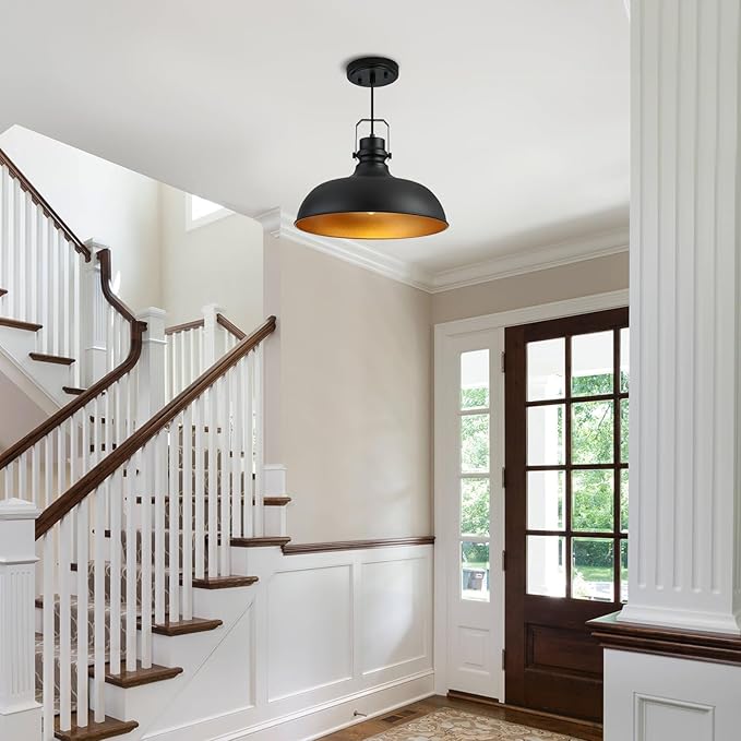 Black Farmhouse Pendant Lights 16 Inch Matte Pendant Lighting for Kitchen Island Industrial Adjustable Height Vintage Dome Hanging Light Fixtures for Barn, Dining Room 2 Packs