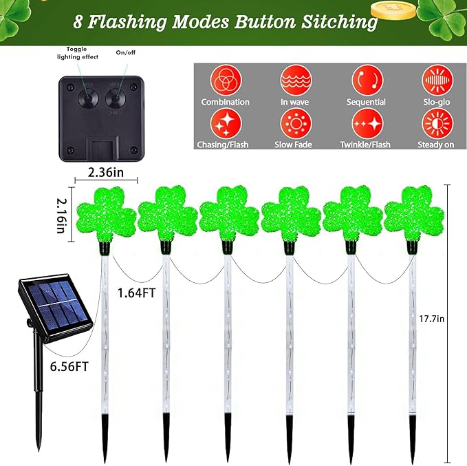 St. Patricks Shamrock Pathway Lights, 6pcs Green Lucky Clover Lights with 8 Lighting Modes, Solar Stake Lights Outdoor Waterproof, LED Landscape Light for Green Irish Decoration (Green - Clover)