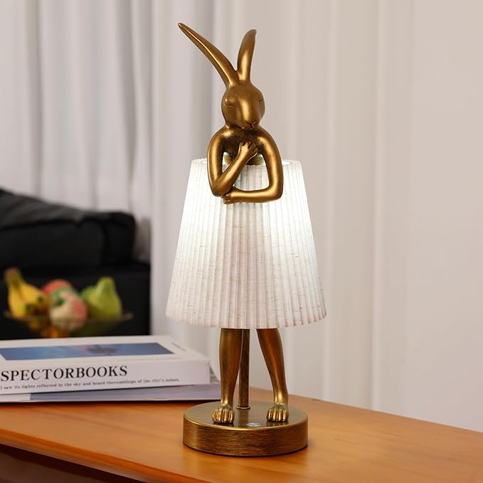 Bunny Cordless Table Lamp with 5000mAh Battery,Rechargeable Resin Rabbit Lamp with Pleated Shade Stepless Dimmable LED Small Cute Animal Light for Kids Room Home Decor Adult Gift(Pattern)