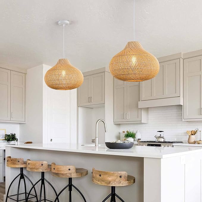 Rattan Pendant Light, 16.5" Hand-Woven Wicker Chandelier Boho Hanging Light Fixture, Farmhouse Natural Raindrop Basket Ceiling Light for Dining Room Kitchen Island Bedroom Living Room, E26