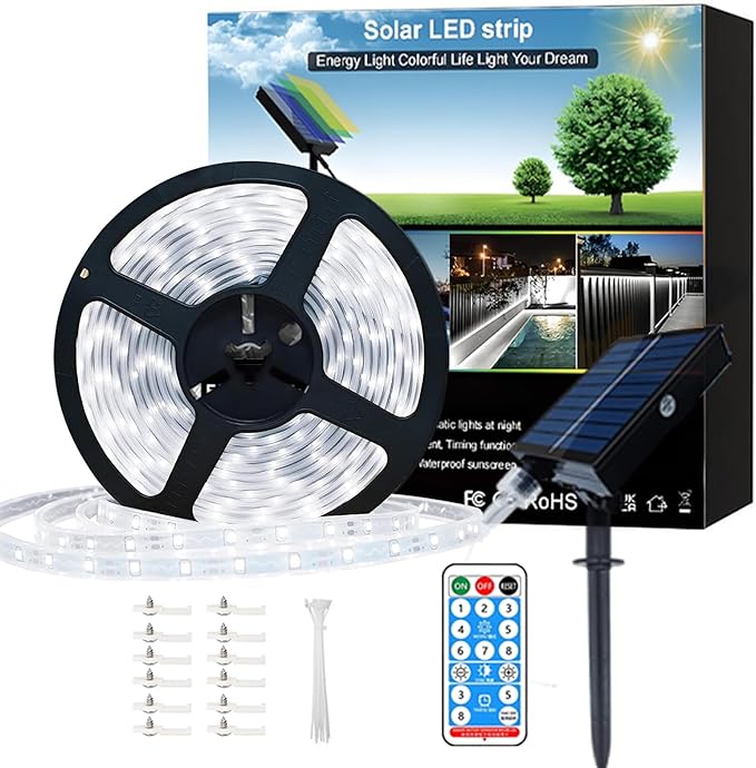 Upgrade Solar Led Strip Lights Outdoor, 20ft Solar Rope Lights Self-Adhesive Waterproof, 8 Mode with Remote Timer and Auto On/Off, Perfect for Deck, Patio, Poolside, Camping Decor, Cold White