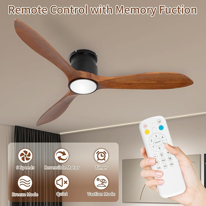52" Low Profile Ceiling Fan, Flush Mount Ceiling Fan with Lights Remote Control, DC Motor with Wood Blades, 6-Speed & Timer for Bedroom/Living Room/Walnut Wood