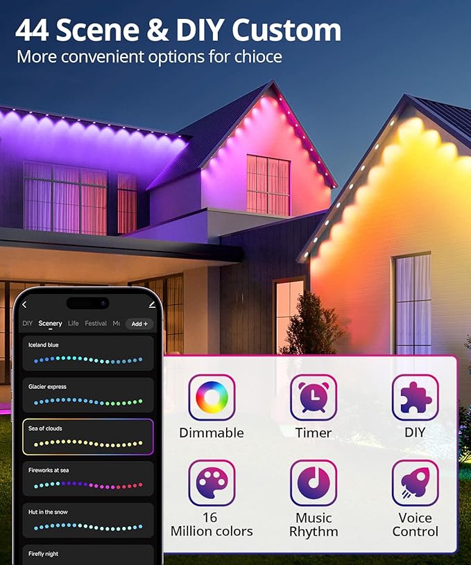 Smart Permanent Outdoor Lights, 200ft with 144 LED RGB String Lights, IP67 Waterproof Eaves Light with 44 Scene Modes for Halloween Christmas Birthday Holiday Party, APP/Voice/Remote Control