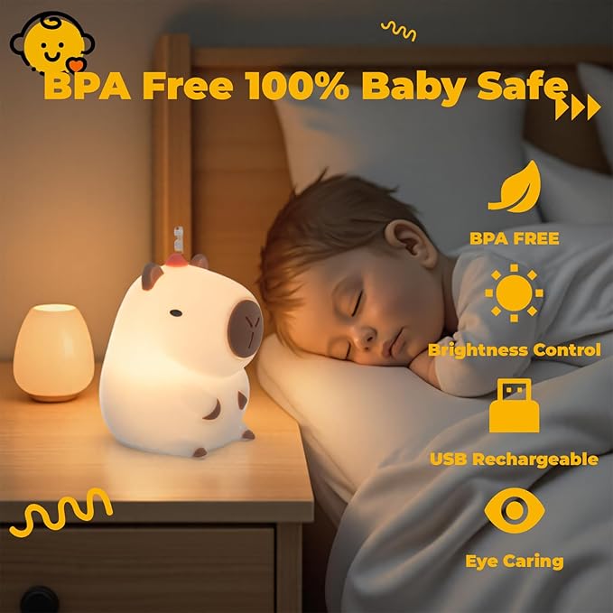 Adorable LED Squishy Animal Night Light - 2 Level Dimmable Nursery Lamp for Kids, Rechargeable Touch Lamp, Cute Dorm Decor - Perfect Baby Boys Girls Gift (Kapibala)