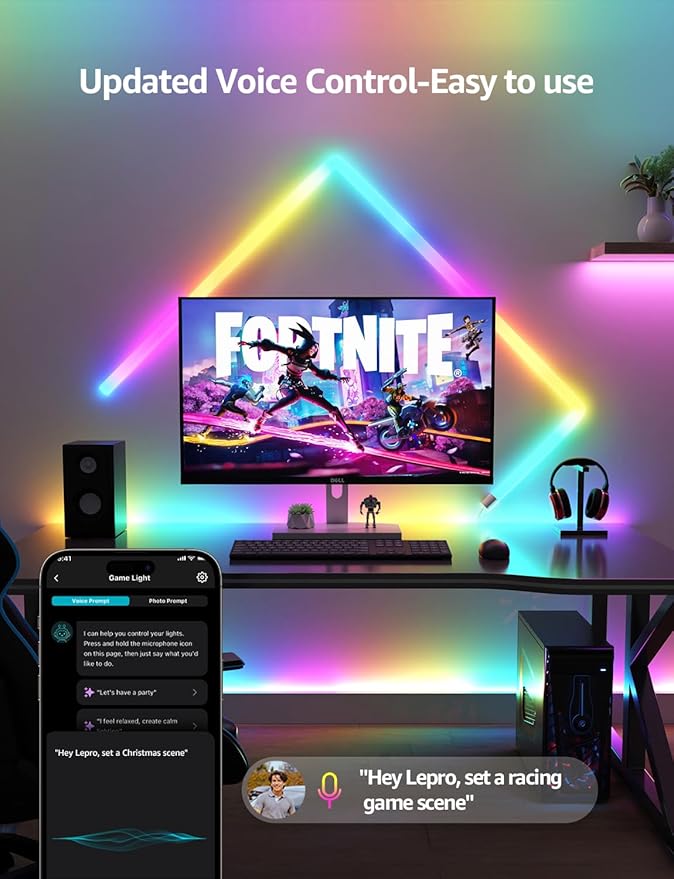 Lepro WL1 AI Smart RGB Wall Lights for Christmas Decorations, LLM AI Generated Lighting with LightBeats Music Sync, Voice Control Via App, Wi-Fi & Bluetooth LED Light Bars, 6 Pcs with 2 Corners