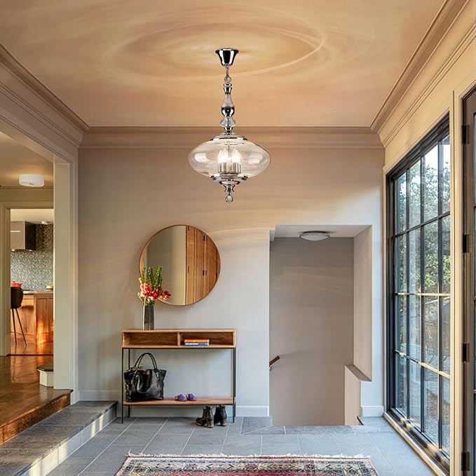 5 Light Chrome Chandelier Modern Glass Large Pendant Light H 27.5" x W 15.7" for Kitchen Island, Dining Room, Stairwells, Hallway. E12 Bulb