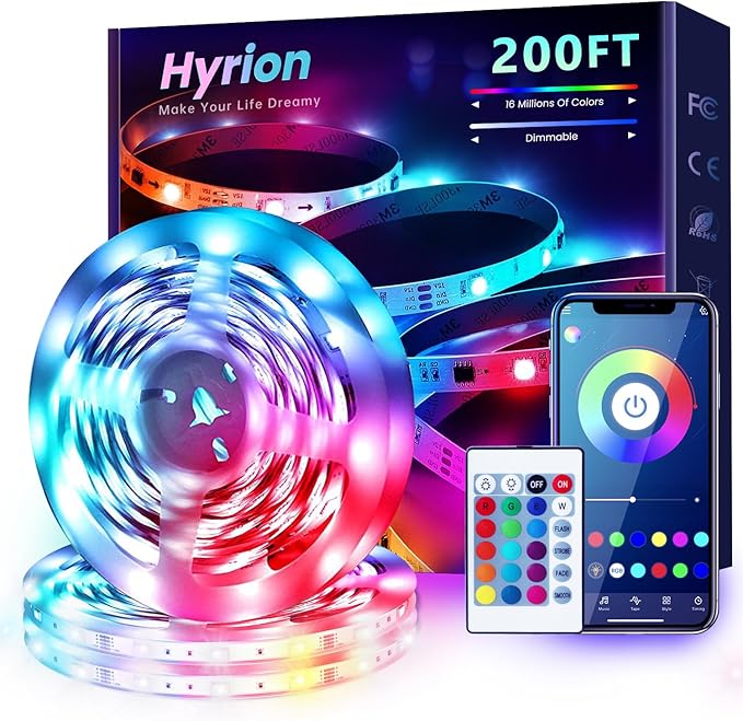 hyrion LED Strip Lights 200ft, Music Sync LED Lights Strip for Bedroom, RGB Color Changing Bluetooth LED Lights with Remote,Smart APP Control