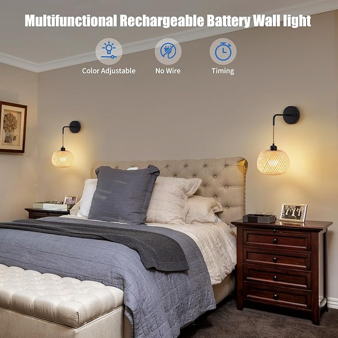 Battery Operated Wall Sconce Set of Two, Bamboo Rechargeable Wireless Sconces with Remote, Dimmable Non-Hardwired Farmhouse Boho Wall Lights for Bedroom Living Room (Black,8 inches)