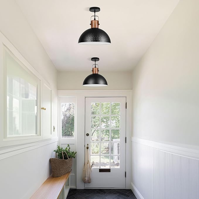 Black Pendant Light, 11.8" Hammered Metal Ceiling Hanging Light Fixture,Solid Wood Dome Pendant Lighting,Modern Industrial Chandelier for Kitchen Island, Dining Table, Restaurant, Farmhouse, Hallway
