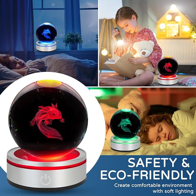 3D Axolotl Crystal Ball Night Light With LED Colorful Light Touch Base 3.15 In Glass Ball Lamp for Birthday Christmas, Cool Toy Gift for Boys Girls Kids Axolotl Figurines Home Decor