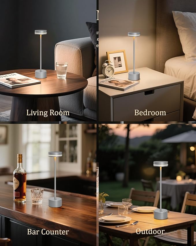 2 Pack LED Cordless Table Lamp Rechargeable, 5000mAh Portable Battery Operated LED Desk Lamp, 3 Color Dimmable Table Light for Reading/Home Office/Dining/Nightstand for Home Décor – Silver
