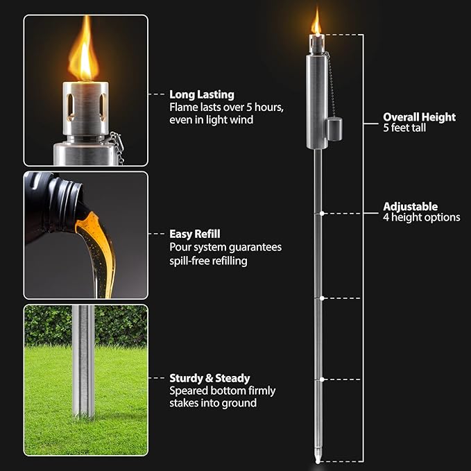 Matney Stainless Steel Outdoor Torches - Decorative Garden & Yard Lights - 5 ft Oil Lamp for Citronella - Fiberglass Wick & Snuffer Cap - Set of 4 (Barrel)