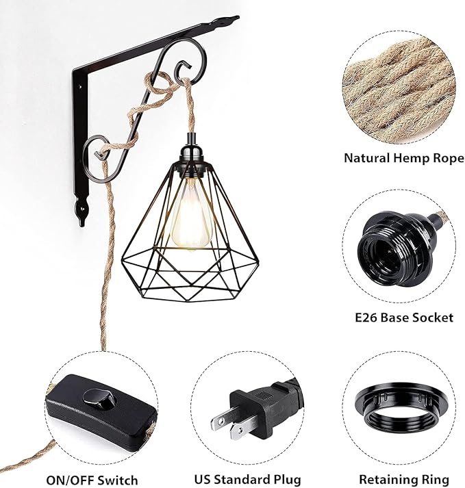Industrial 15ft Pendant Light Cord -Plug in Hanging Light Fixture, 15FT Farmhouse Pendant Lamp Lights Cord with Switch Cord for Kitchen Island Bedroom Living Room