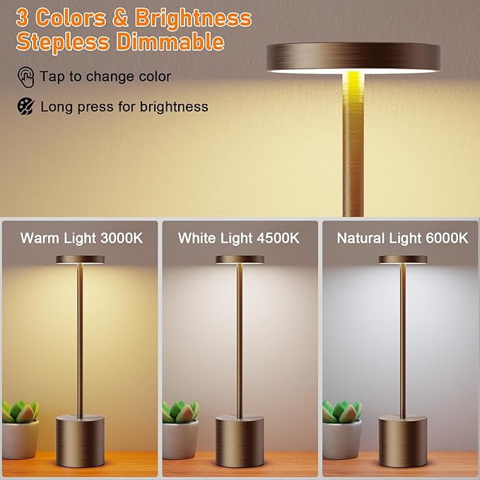 SAKRINGT Cordless Table Lamps Rechargeable,6000mAh Portable Battery Operated LED Table Light for Restaurant Outdoor 2 Pack Brown