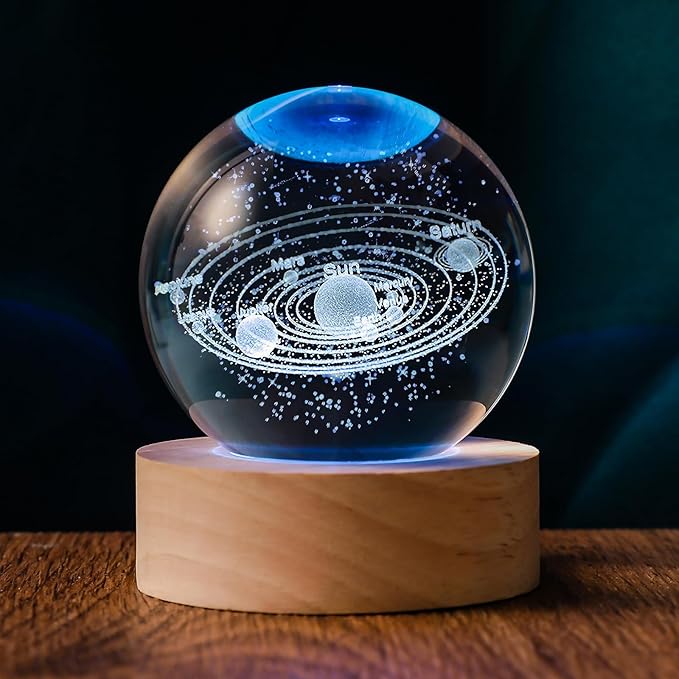 3D Solar System 60mm Crystal Ball Astronomy Universe Gifts 3D Solar System Planets Model Science Space Themed Physics Gifts Night Light lamp for Kids Men Him Science Teacher