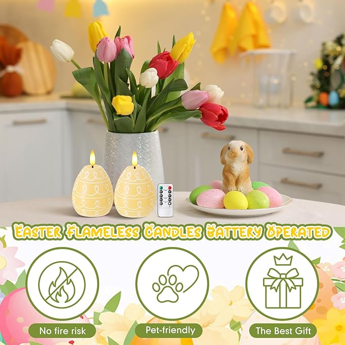 Baquler 2 Pcs Easter Egg Flameless Candles with Timer Egg Shape LED Candle Real Wax Battery Operated Flickering LED Candles Gift No Battery for Easter Party Living Room Home Decor (Yellow)
