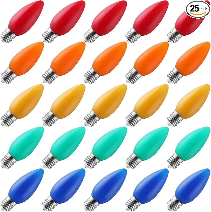 25-Pack Ceramic C9 Christmas Light Bulbs, Multicolor LED Light Bulbs Holiday Decoration, Christmas Decor for Indoor & Outdoor Use, E17/C9 Intermediate Base (Multicolor Smooth)
