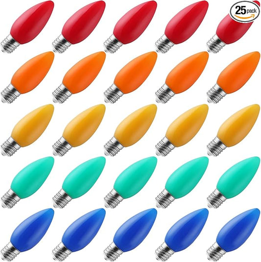 25-Pack Ceramic C9 Christmas Light Bulbs, Multicolor LED Light Bulbs Holiday Decoration, Christmas Decor for Indoor & Outdoor Use, E17/C9 Intermediate Base (Multicolor Smooth)