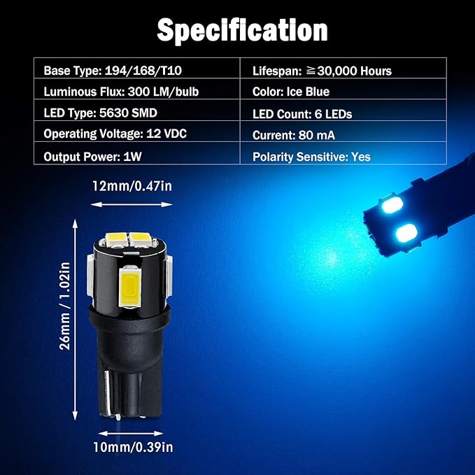 194 LED Bulbs Extremely Bright Ice Blue 5630 Chipsets 168 2825 175 T10 W5W LED Replacement Bulbs for Car Interior Dome Map Door Courtesy Trunk License Plate Lights(Pack of 10)