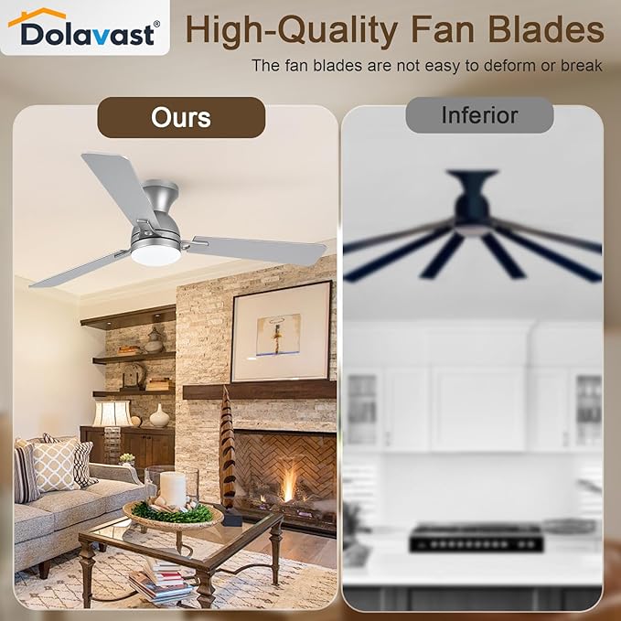 Ceiling Fans with Lights and Remote, 52 Inch Ceiling Fan with Light, Low Profile Reversible Ceiling Fans, Dimmable LED, Flush Mount, Quiet, DC Motor, Nickel Ceiling Fan for Bedroom, Kitchen