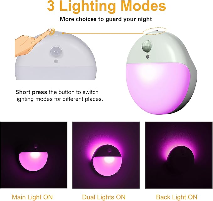 2 Pack Purple Battery Night Light, Motion Activated Night Light, 2.6" Small Sticky Lights, 3 Light Modes, Dimmable Calming Glow for Meditation, Relaxation, Bathroom, Bedroom, Travel, Violet