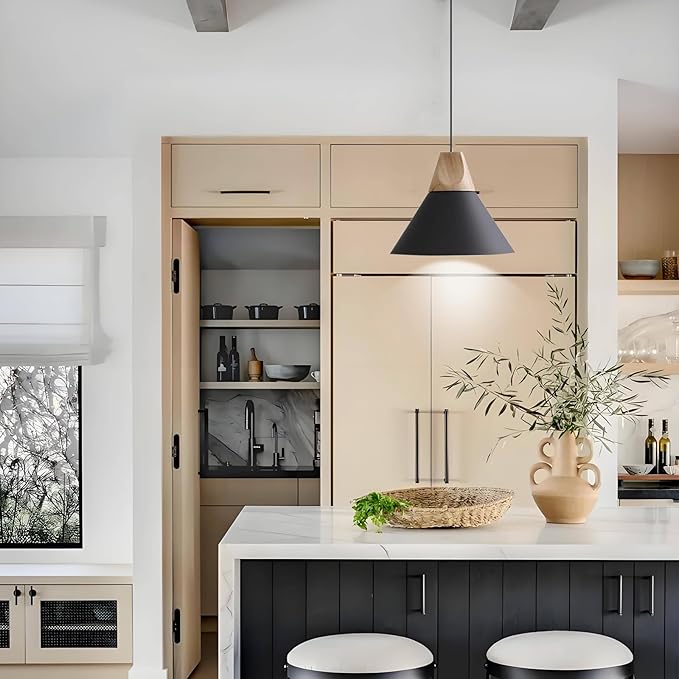 Pendant Light,Solid Wood Ceiling Hanging Lamp,Modern Matte Black Pendant Lighting for Kitchen Island Dining Room Coffee Bar (Black-3 Pack)