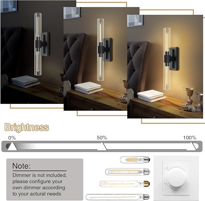 YUYI Black Wall Sconce, 22.8'' Wall Light for Bathroom Vanity, Modern Wall Lighting Fixture with Clear Glass Shade, Indoor Wall Sconce for Bathroom Vanity, Bedroom, Living Room, Hallway, Fireplace