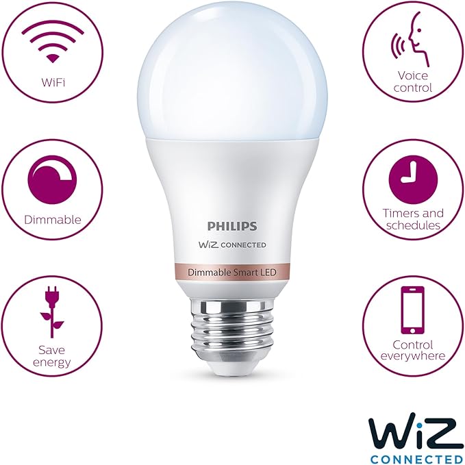 Philips Smart 60W A19 Daylight LED Bulb 4-Pack - E26- Indoor - Connects to Your Existing Wi-Fi - Control with Voice or App - Powered by WiZ Connected