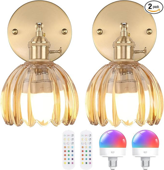 Vintage Battery Operated Wall Sconce with Cute Amber Tulip Glass Lampshade Wireless Rechargeable Battery Powered Wall Light with Remote Control for Bedside Bedroom Doorway, Set of 2
