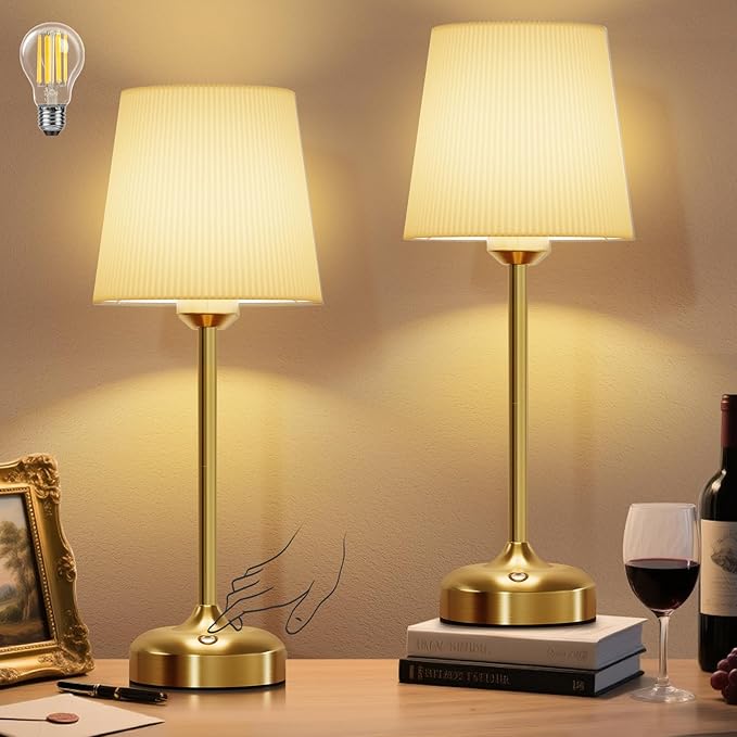 Cordless Table Lamp, Small Table Lamp 5000mAh Rechargeable Table Lamp Battery Operated Touch Lamp Fabric Shade Stepless Dimmable Bedside Lamps for Bedroom, Living Room, Dining Room