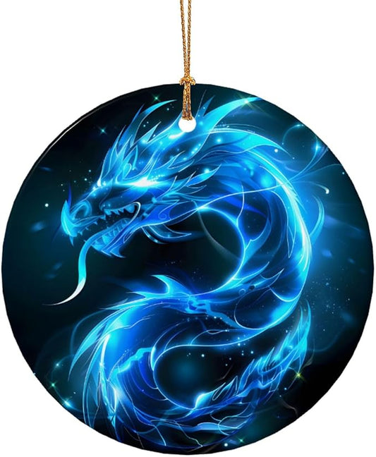 Glowing Ice Dragon Christmas Ornaments, Christmas Decorations Xmas Tree Hanging Ornaments, Round Ceramic Festive Keepsake Gift for Xmas Decorations Holiday Home Decor