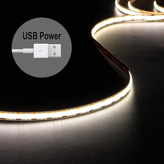 dephen 5V USB LED Light Strip 4.9ft, 480LEDs Daylight Dotless COB String, Flexible and Cuttable Rope Lighting, CRI 90, Self Adhesive Tape for TV Backlight, Bedroom, Cabinet, Mirror, DIY
