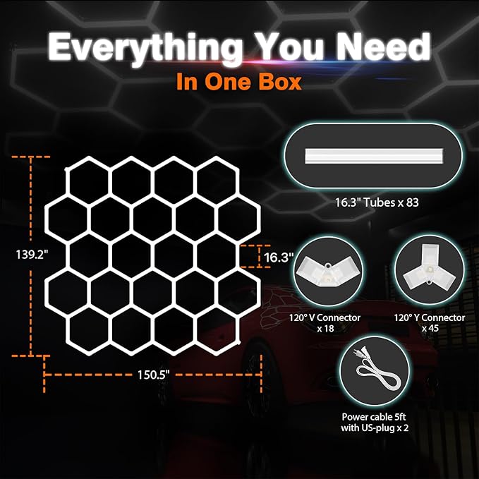 Hexagon Garage Lights : 3 Level Dimmable 581W Tube 22 Grids Hexagon LED Lights - Easy Install 6500K Super Bright Hex Light for Warehouse, Car Detailing Shop, Exhibition Hall, Gym