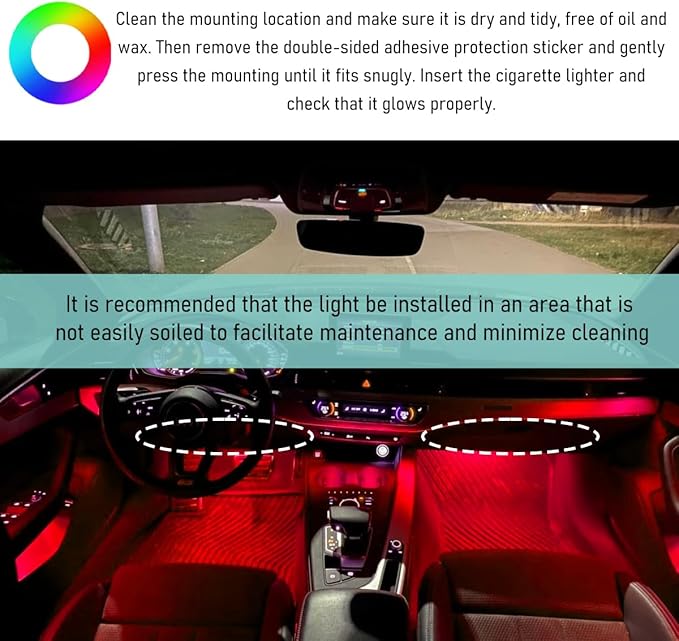 Car LED Strip Light, 24 LED Interior Under Dash Atmosphere Lights with Cigarette Lighter, Vehicle Decor Lamp Ambient Night Light Strip Lighting, Universal Car Accessories (Red)