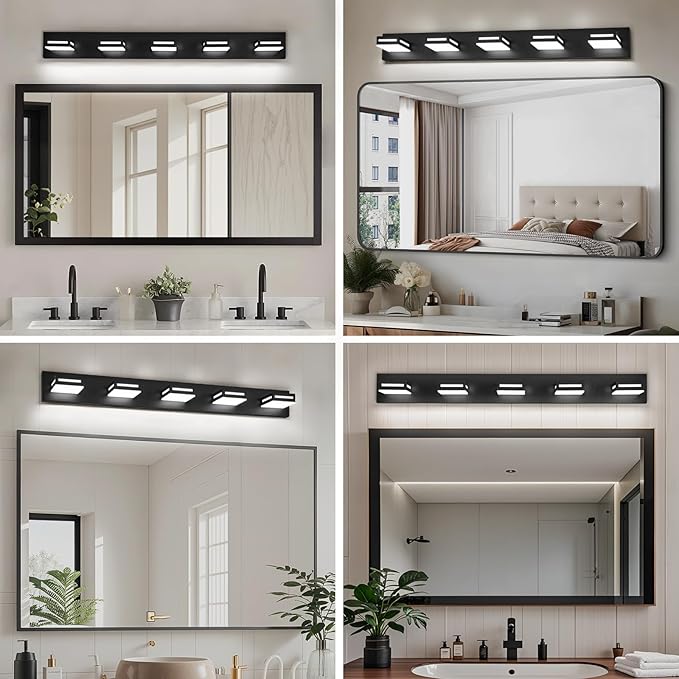 40-Inch 5-Light LED Modern Black Bathroom Vanity Light Fixtures Over Mirror, Bathroom Lighting Fixtures with Cool White 6000K, Vanity Wall Lights for Bath Restroom Powder Room