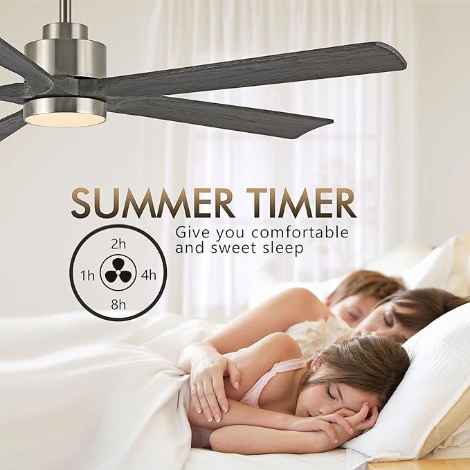 ELEHINSER 52" Modern Ceiling Fan with Lights and Remote Control, 5 Solid Wood Blades 6-Speed Noiseless Reversible DC Motor, Ceiling Fan for Bedroom Dinning Living Room, Nickel Finish with Wood Blades