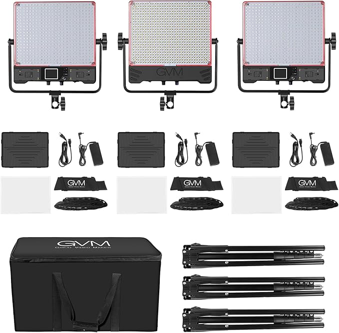 GVM 50SM Pro LED Video Light with Softboxes, RGB+Bi-Color Double Sided, Each Side 50W, Video Lighting Kit with Bluetooth Control, Led Panel Lights for YouTube, Studio, 3 Packs (GVM-50SM-3L)
