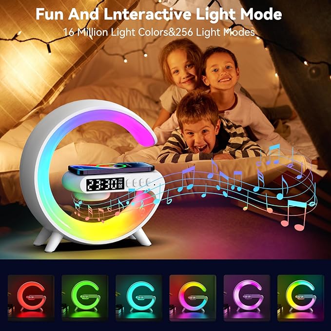 2025 New Mini LED Table Lamp, Wireless Charging Atmosphere Lamp, Bluetooth Speaker, Dimmable Night Light, Bedside Lamp, Alarm Clock for Christmas Gifts (Black)