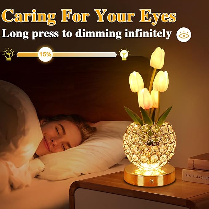 Birthday Gifts for Women Mothers Day Gifts/ for MomTable Lamp, 3 Color Crystal Flower Bedside Lamps Infinitely Dimming with USB Charge Small Night Light,Nightstand Touch Lamp for Bedroom (pink-tulip)