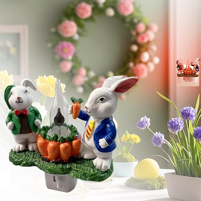 2026 Easter Bunny Decoration Night Light Plug in for Home, Campfire Flickering Nightlight, 3D Rabbit Night Lights Plug into Wall, Spring Home Décor, Valentine's Day Gifts for Boys Girls